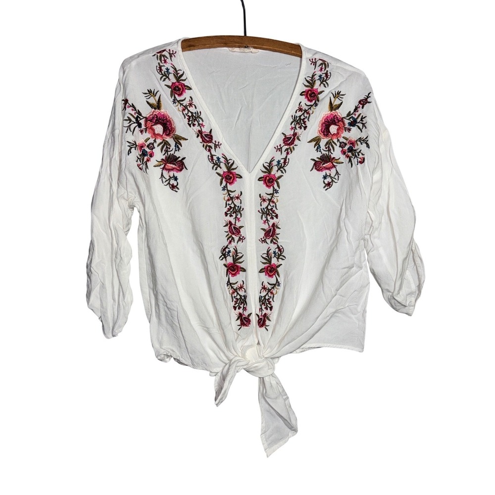 Entro Womens M Floral Embroidered Tie Front Roll Tab Sleeve Blouse Cottagecore